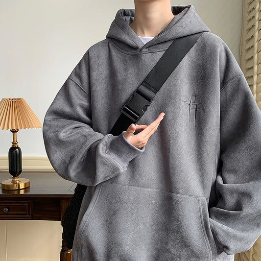 Men Hoodies Streetwear Vintage Embroidered Suede